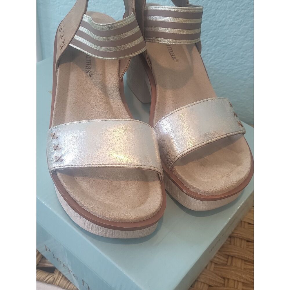 Pierre Dumas Metallic Champagne Wedge Sandals for Women